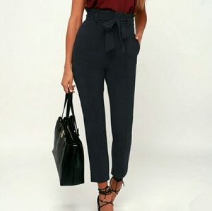 Lulu's Set Your Goals Paper Bag Waist Pants Navy